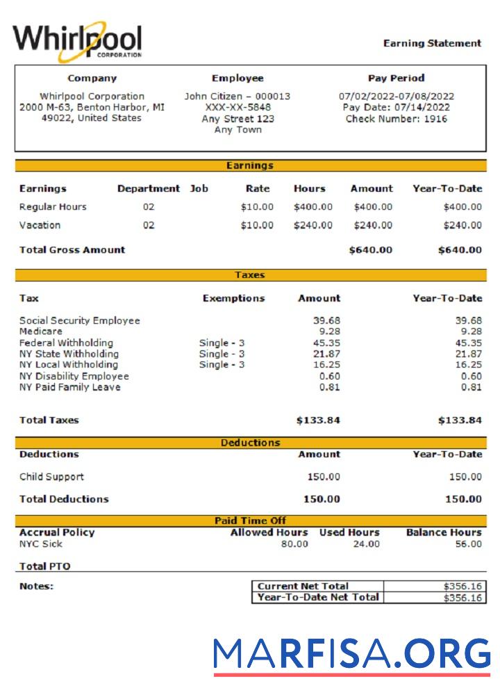 Printable USA Whirlpool Corporation commercial company pay stub sample